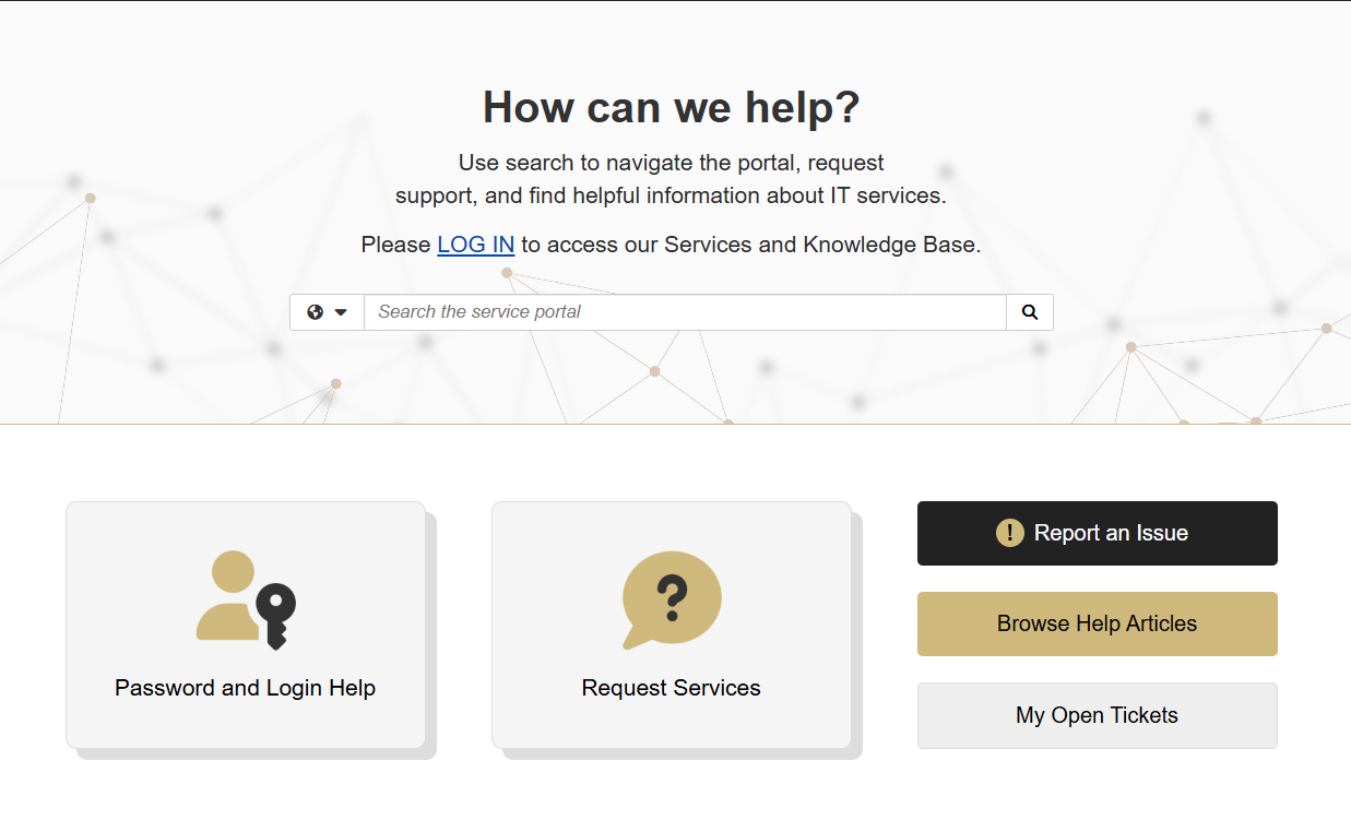 Screenshot of the TeamDynamix homepage with a search bar and buttons to report an issue, browse articles, and open tickets.