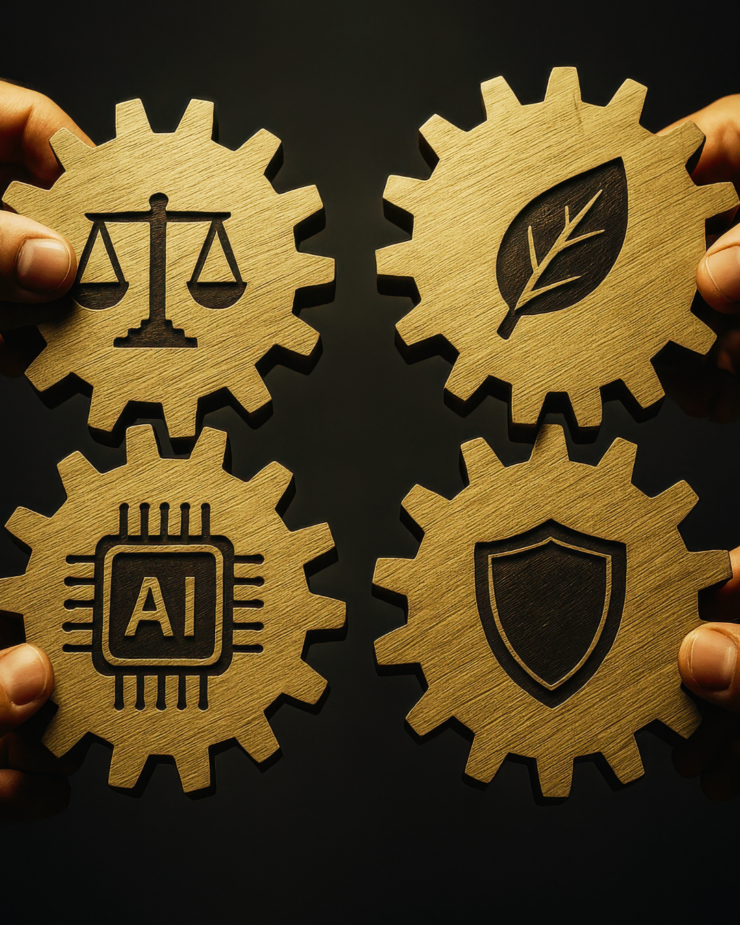 Image of four hands holding gears with icons on it for justice, AI, environment and security.