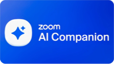 Zoom AI Companion logo Blue background with text that reads