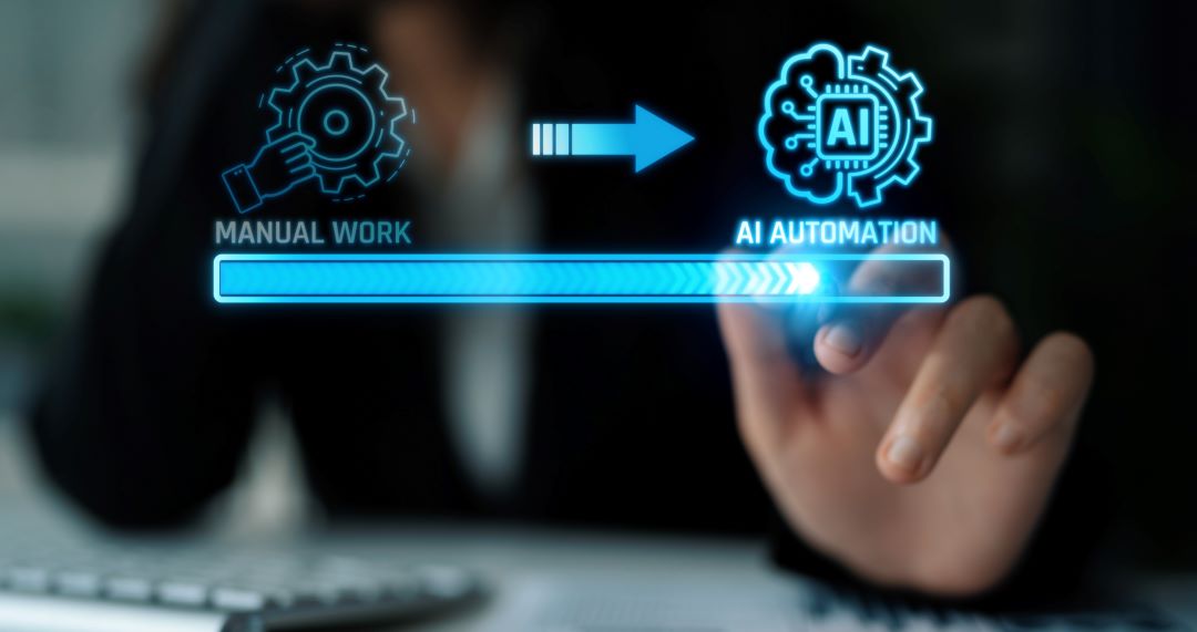 Image of a hand sliding a progress bar from manual work to AI automated.