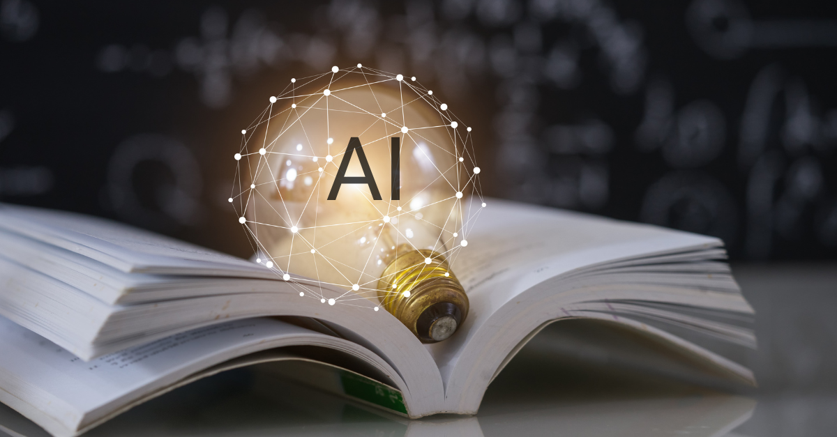 Image of a book with a light bulb in it and the word AI illuminated.