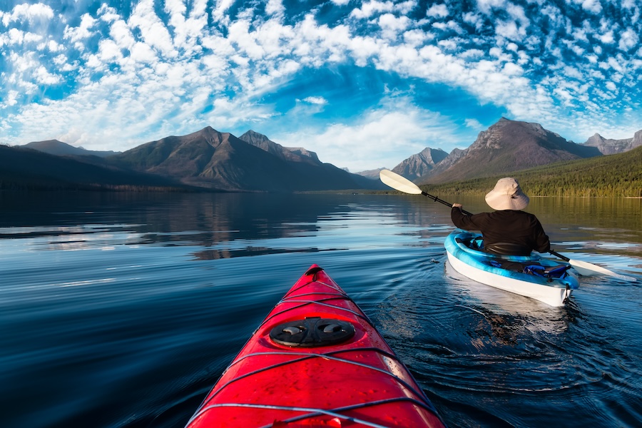 View of a lake and mountains from canoe