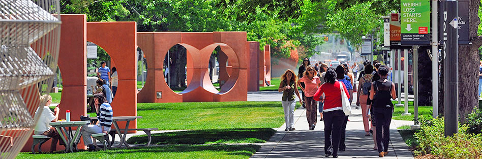 People walking through Anschutz Campus on a Sunny Day