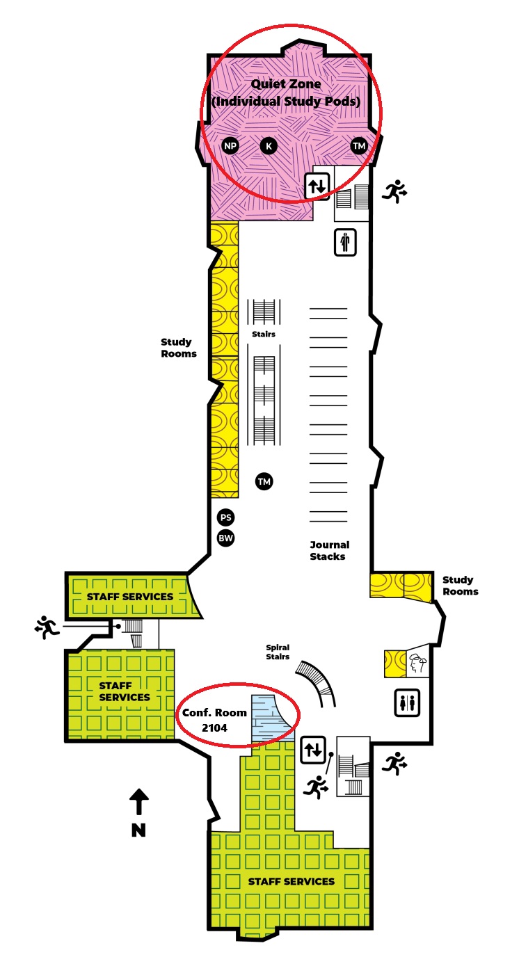 Floor plan showing location of Quiet Zone study pods and Conference Room 2104