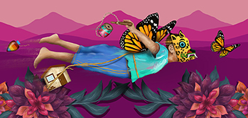 Image of a mural that includes masks and butterflies