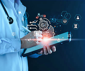Graphic of physician using montage of AI tools Graphic of physician using montage of AI tools