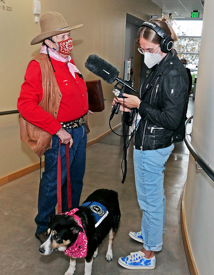 Jude Gassaway and Bandit, being interviewed by Claire Crawford Jude Gassaway and Bandit, being interviewed by Claire Crawford