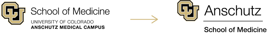 CU School of Medicine logo followed by a gold arrow and the new CU Anschutz SOM logo