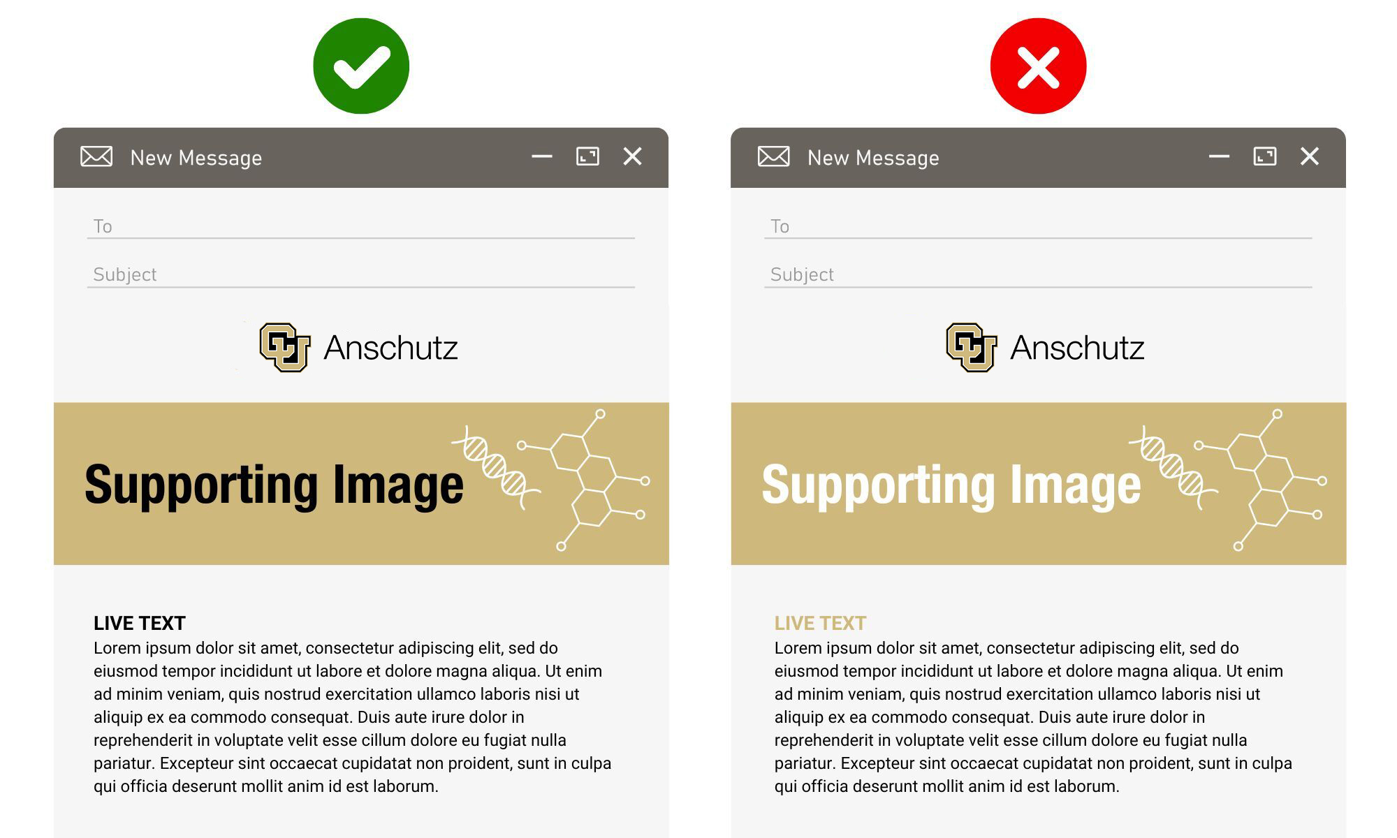 On the left, example email with a green checkmark showing black text on a gold background. On the right, example email with a red X showing white text on a gold background.