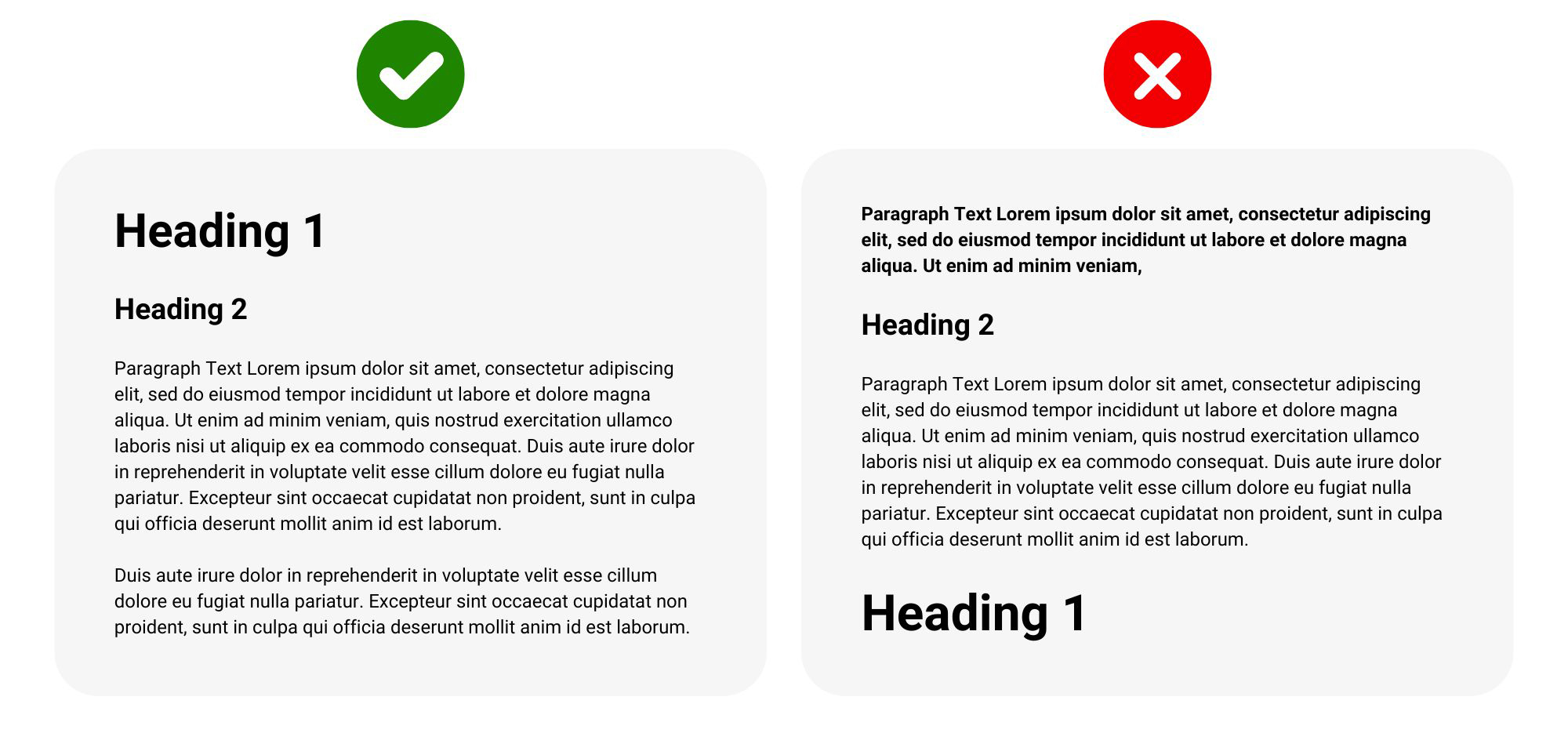 On the left, green check mark over properly structured H1, H2, and paragraph text. On the right, red X over improperly structured paragraph text, H2, and H1.