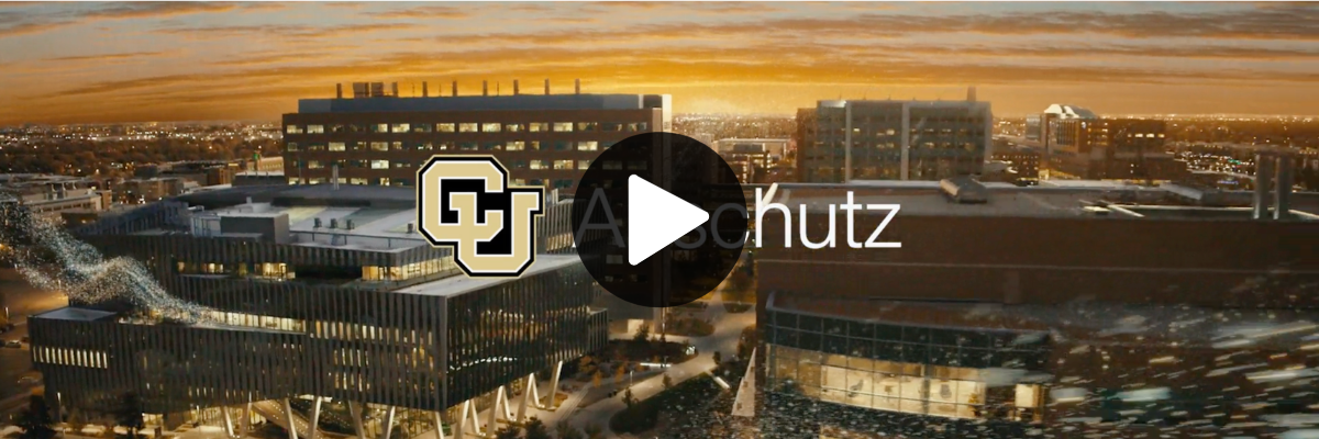 an image of the CU Anschutz campus skyline at sunset. The CU Anschutz logo is in the middle of the image with a 'play' button overlay.