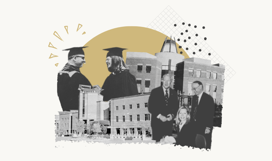 a collage of black and white buildings and CU Anschutz faculty and students