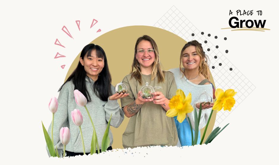 Three students standing in front of spring flowers. The upper right corner reads 