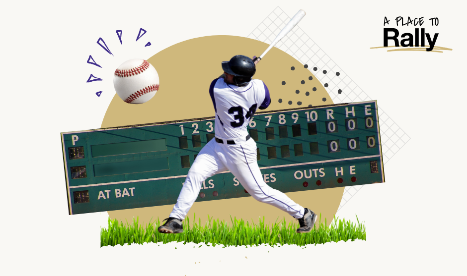 a graphic featuring a baseball player swinging a bat in front of an old baseball scoreboard. In the corner the graphic reads 'A Place to Rally'.