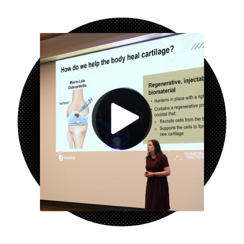 Woman presenting on Osteoarthritis with a black and white 'Play' button over the image