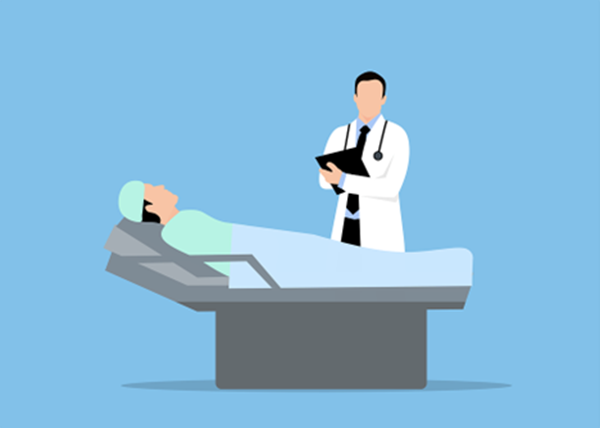 Doctor charting with patient lying down Doctor charting with patient lying down