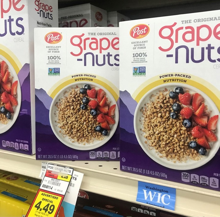 Grape nuts cereal box on shelf