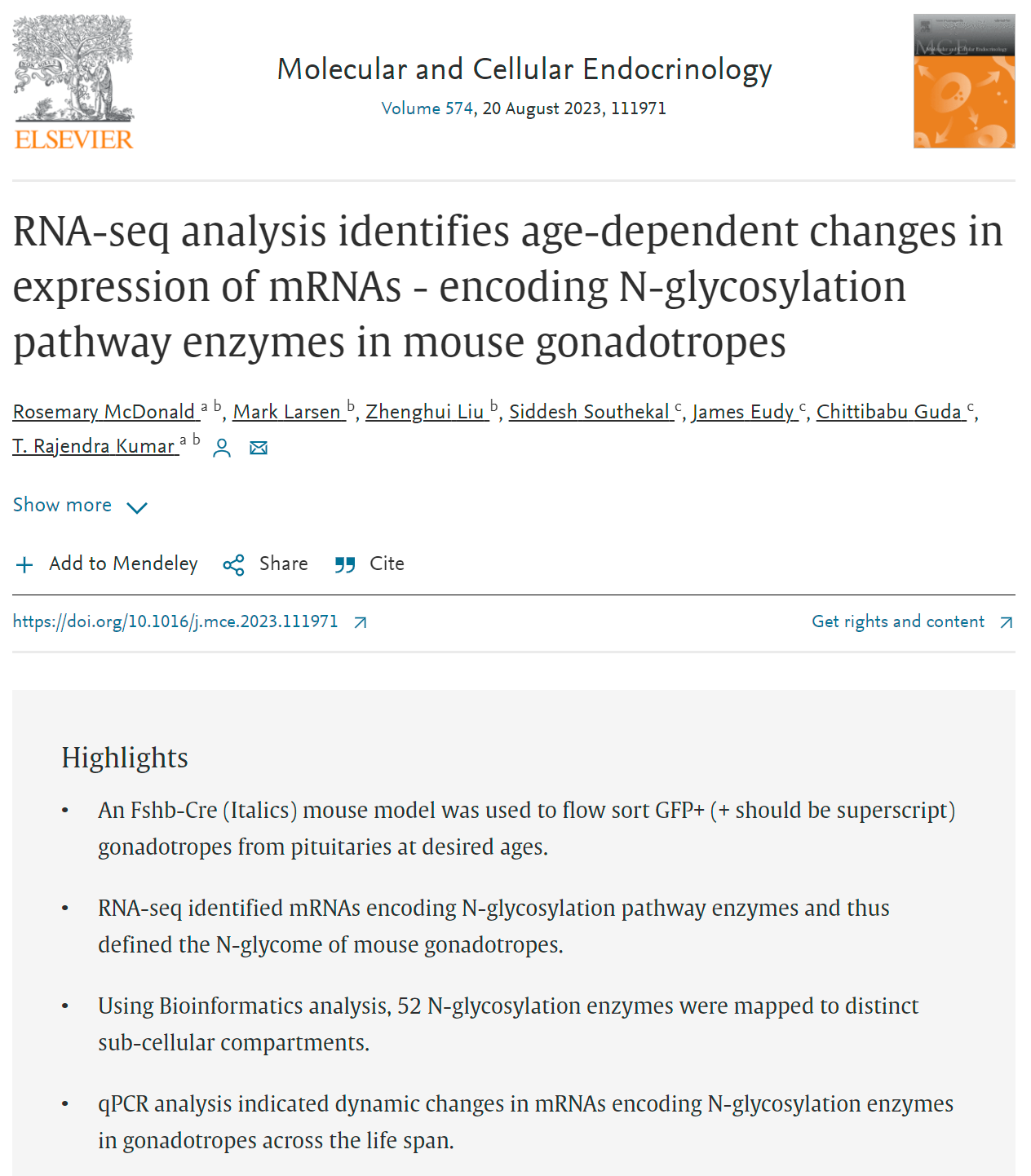 RNA-seq analysis identifies age-dependent changes in expression of mRNAs - encoding N-glycosylation pathway enzymes in mouse gonadotropes