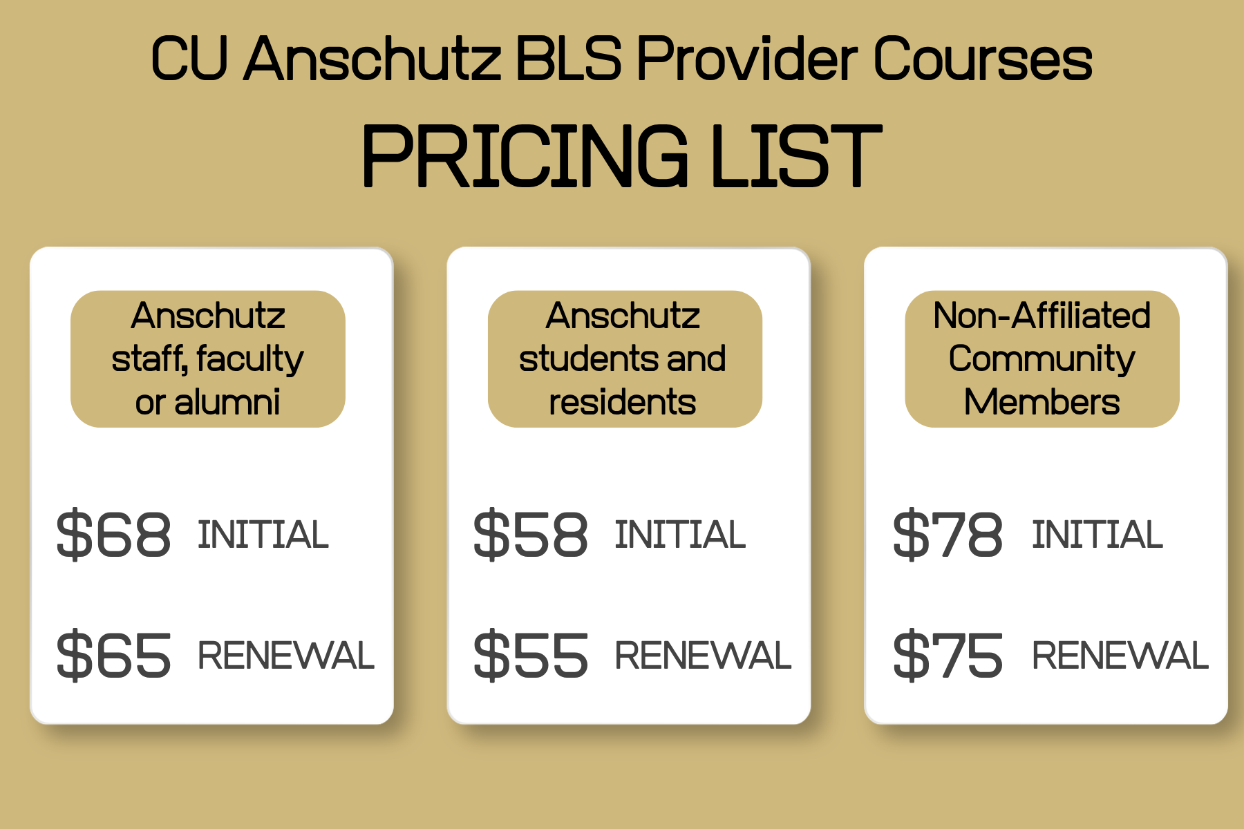 Student/Residents $55,$58. Staff/Faculty/Alumni $65,$68. Noin-Affiliate $75,$78.