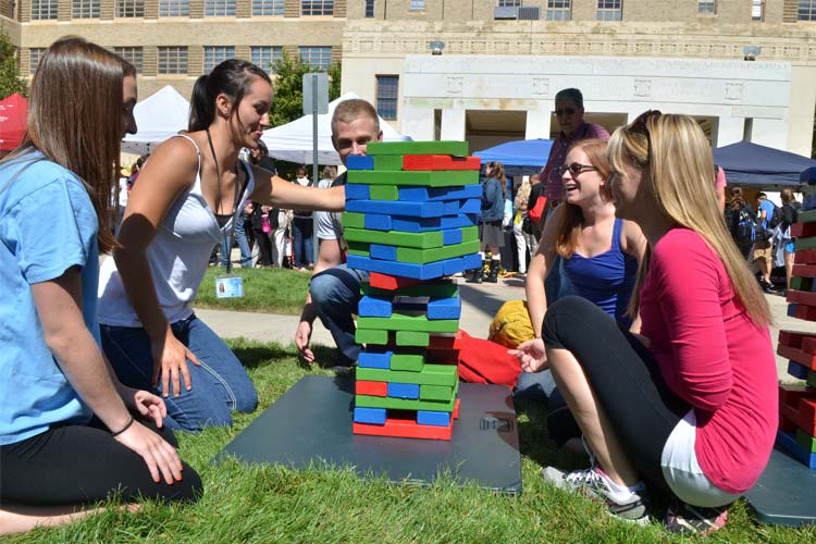 students playing jenga