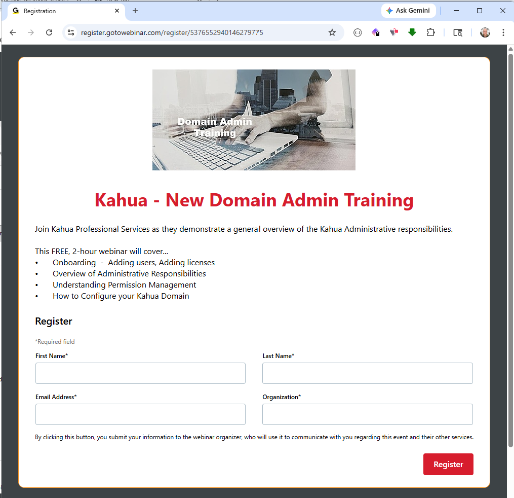Screenshot of New Domain Admin Training Registration Form Webpage