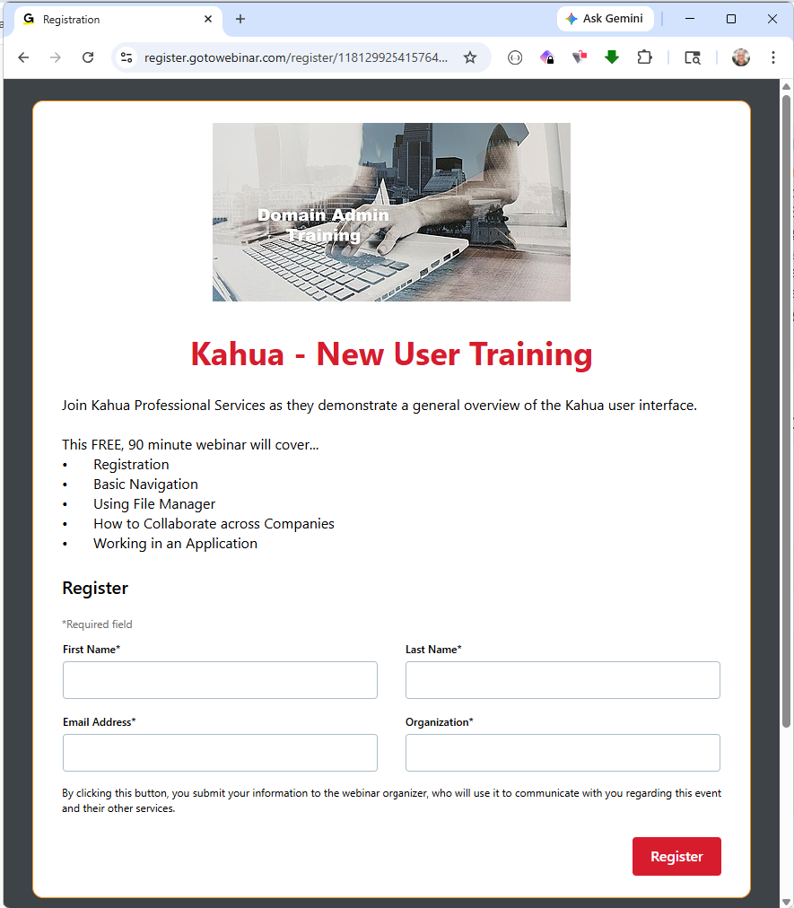 Screenshot of New User Training Registration Form Webpage
