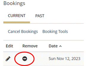 Image of the EMS events screen and the hash sign to remove individual bookings.