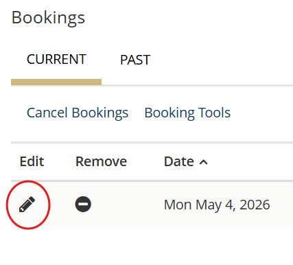 Screenshot of the EMS Scheduling website to indicate where the pencil is located to edit a booking.