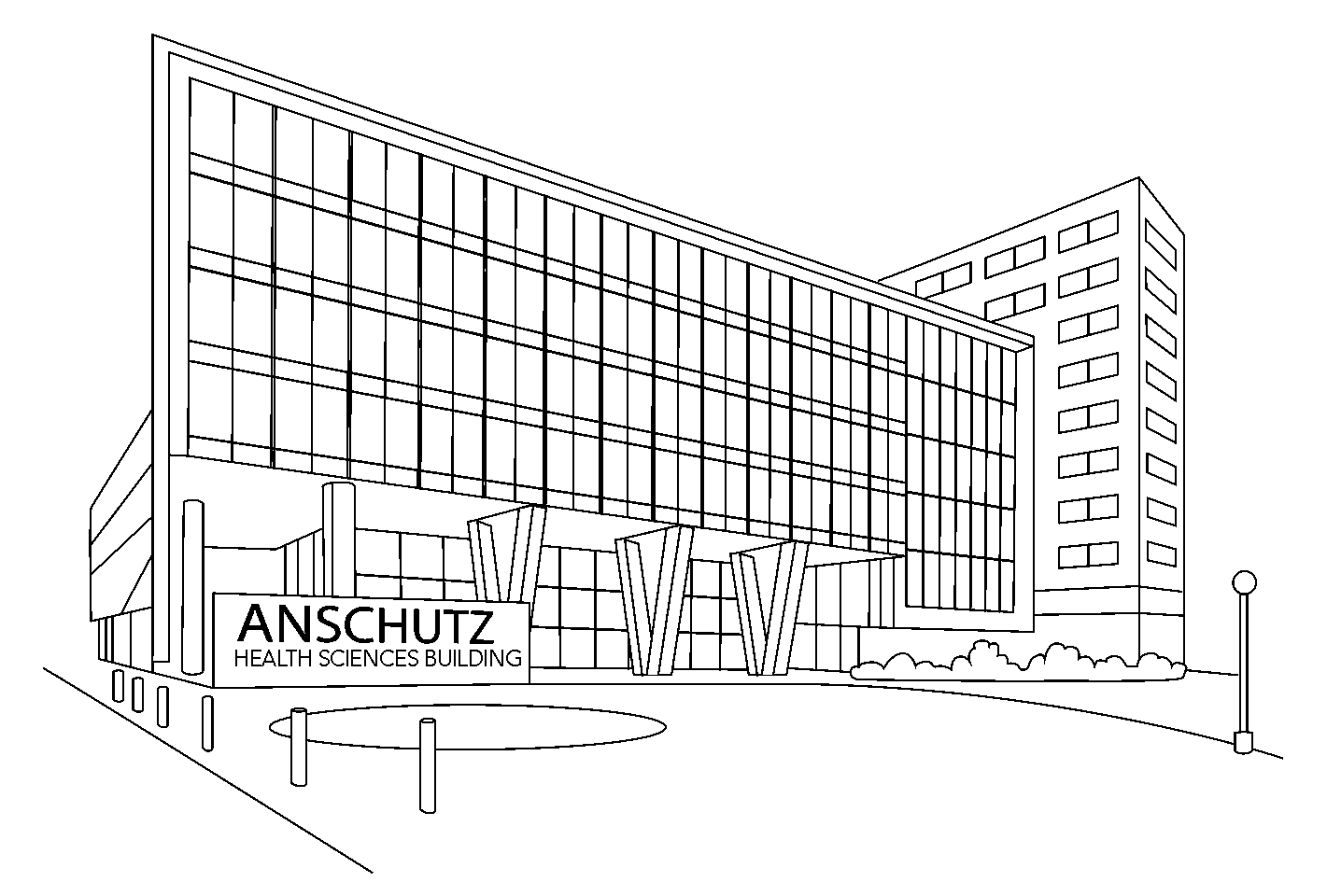 Hand-drawn illustration of the CU Anschutz Health Sciences Building.
