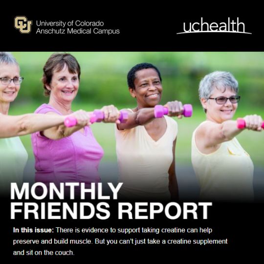 Monthly Friends Report - Four women in their 60s smile as they perform arm exercises using hand weights.
