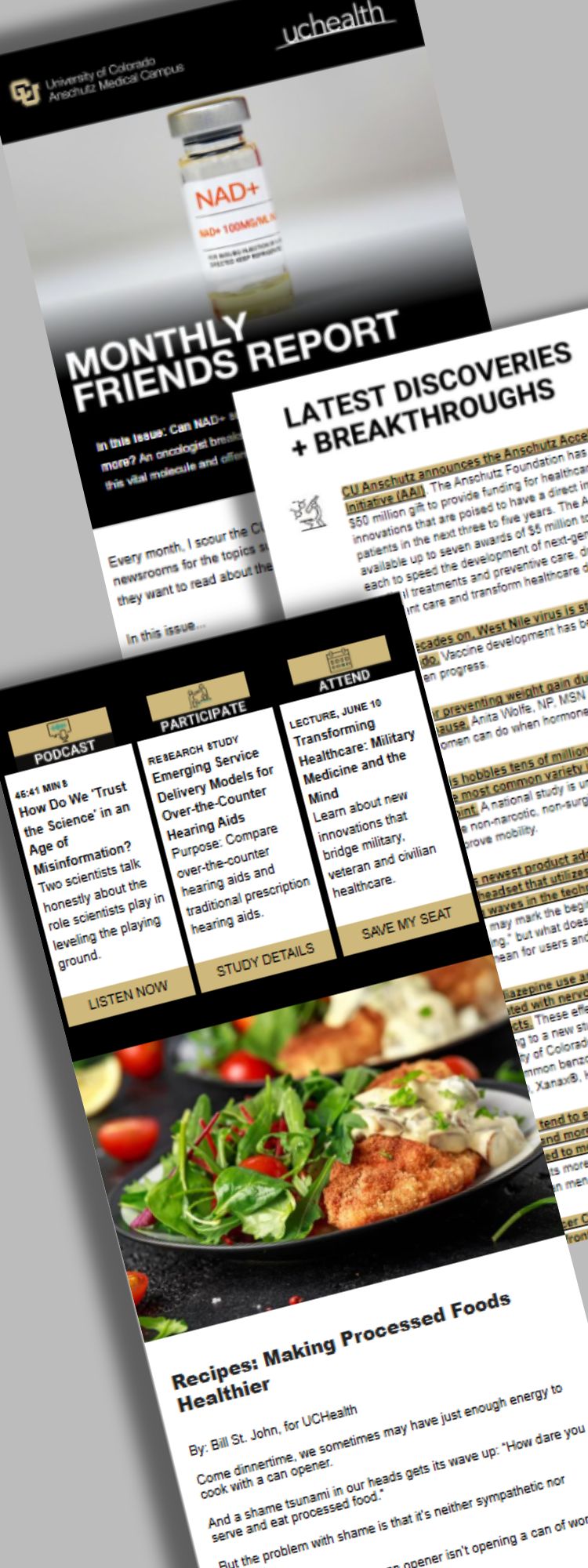 Content samples of the Monthly Friends Report showing article links and a recipe.