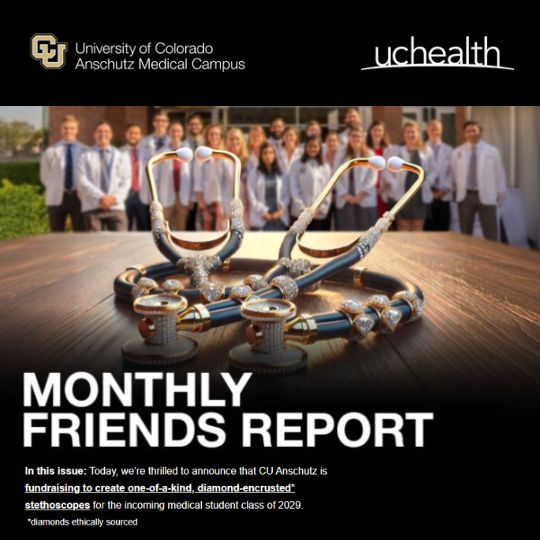 Monthly Friends Report: A stethoscope sits on a table with graduating students visible standing in the background.