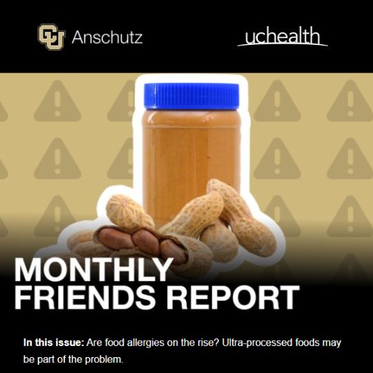 Monthly Friends Report: Jar of peanut butter with exclamation mark graphics in the background.