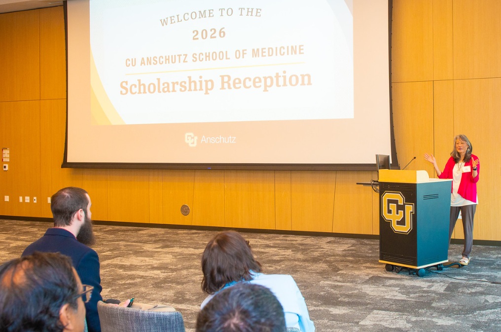 Vicki Sakata delivering her speech during the 2026 School of Medicine Scholarship and Awards Celebration.