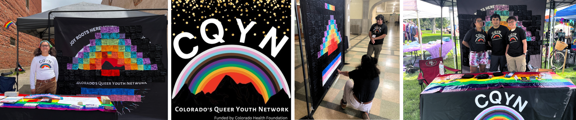 Joy Roots Here, When Queer Belongs: CQYN youth at Pride Event table with the Six Word Story Quilt hanging in the background.