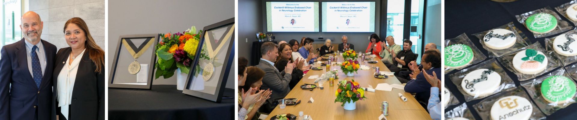 Collage of photos taken during celebration event including framed medallions, board room with seated faculty, benefactors and advancement staff, and the endowed chair, Dr. Maria Nagel.