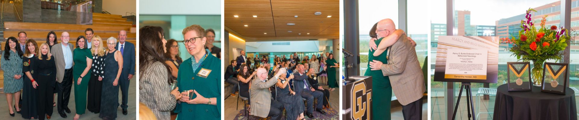 Photo collage showing guests, speeches and medals presented during the Penny S. Burke Endowed Chair in Behavioral Neurology celebration.