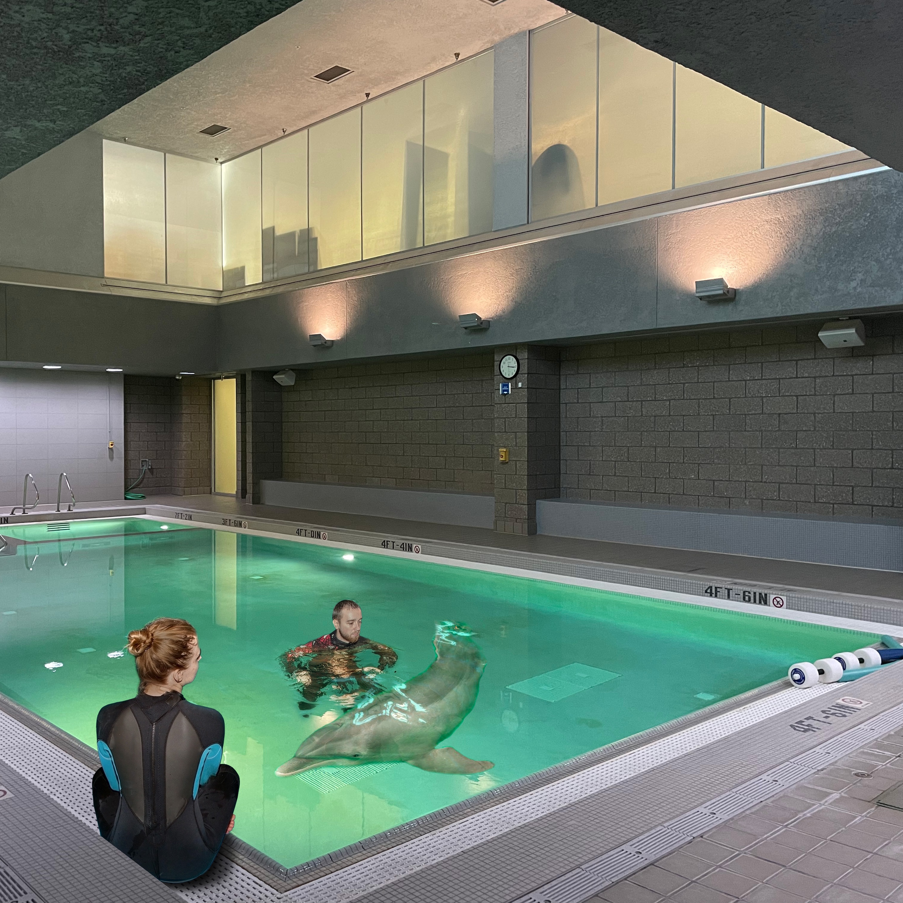 Two people in wetsuits frolic with a dolphin in the CU Anschutz Health & Wellness Center pool.