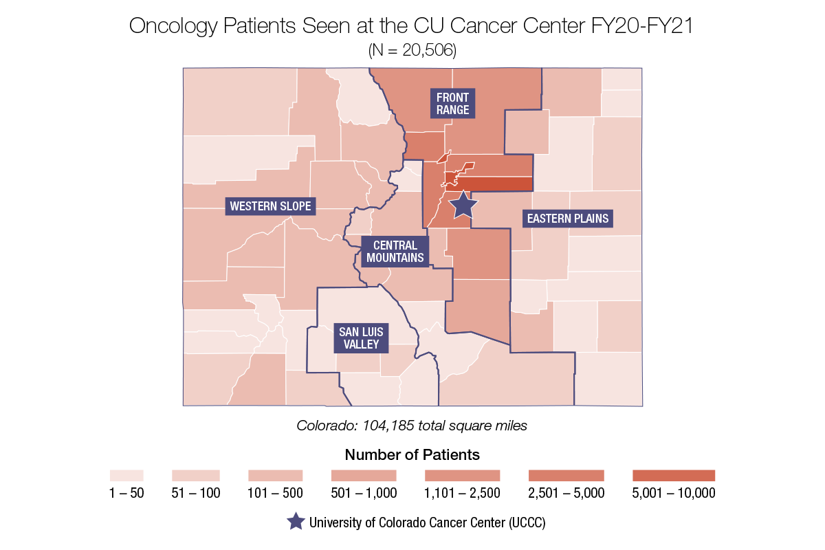 A map of Colorado showing how many patients were seen by county at the UC Cancer Center.