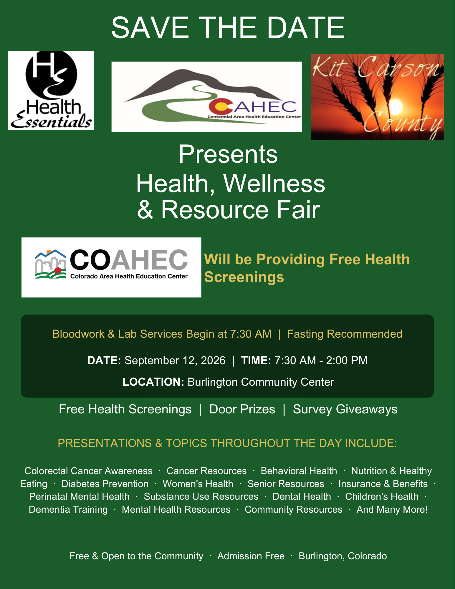 Burlington, Colorado Community Health Screens