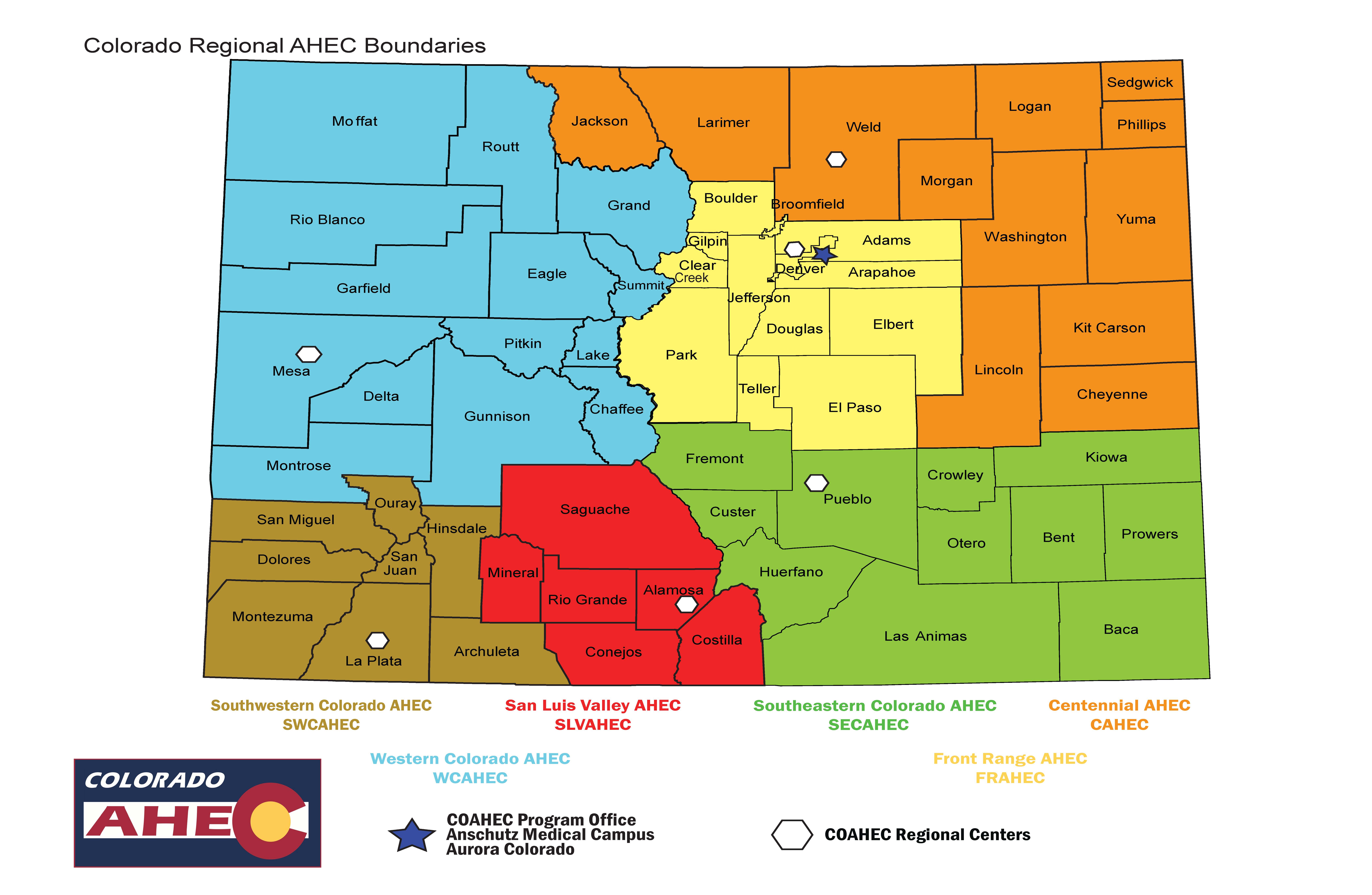 Color coded regional map of the six Colorado AHEC regions