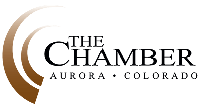 Aurora Chamber of Commerce, multicolor logo, gray background
