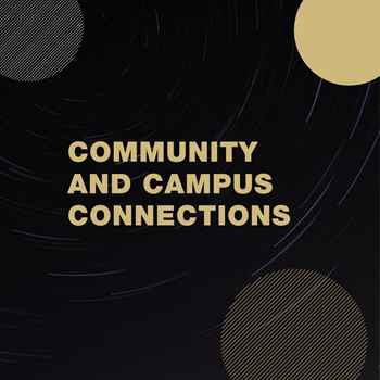 Black box with partial gold and silver circles with the words Community and Campus Connections