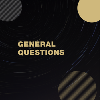 Black box with partial gold and silver circles with the words General Questions
