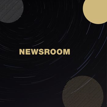 Black box with partial gold and silver circles with the word Newsroom