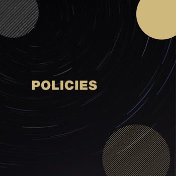 Black box with partial gold and silver circles with the word Policies