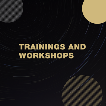 Black box with partial gold and silver circles with the words Trainings and Workshops
