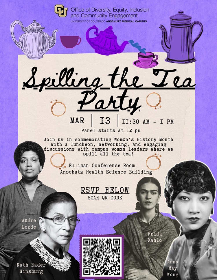 Flyer with a purple background and decorated with tea pots and images of historical female leaders
