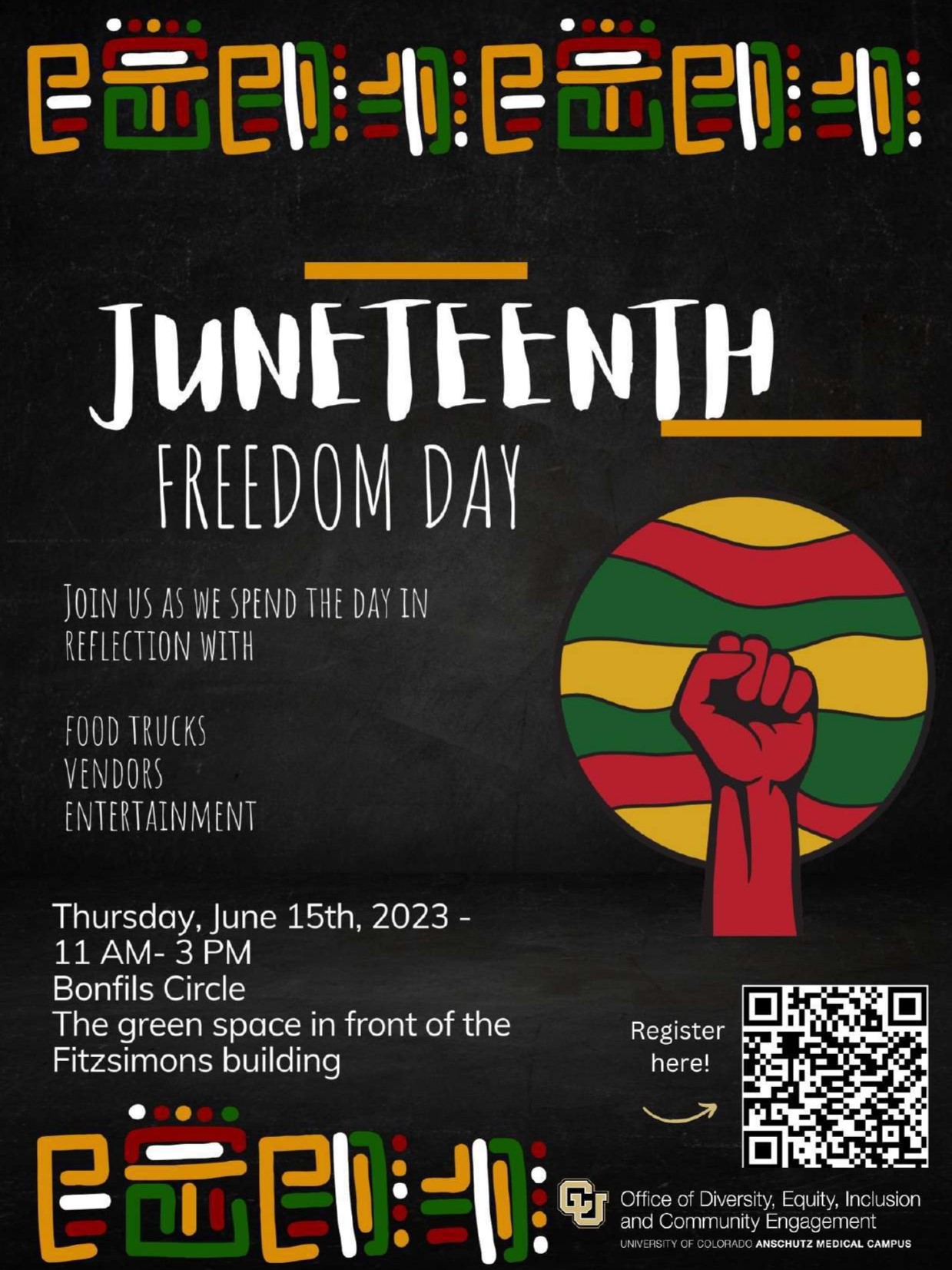 Red, gold, and green patterns over a black background with event details written in white text