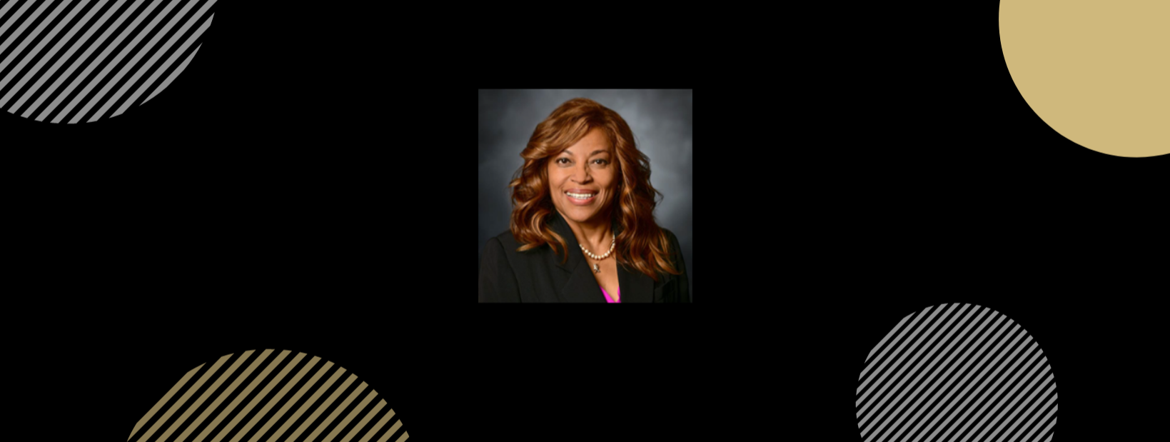 Picture of a woman smiling over a black background with partial silver and gold circles